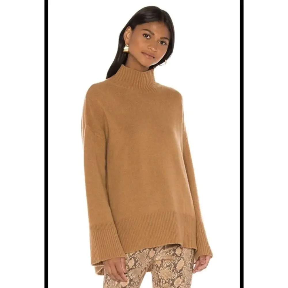 FRAME HIGH LOW SWEATER 100% CASHMERE LONG SLEEVED Mock Neck Tan Camel Brown
